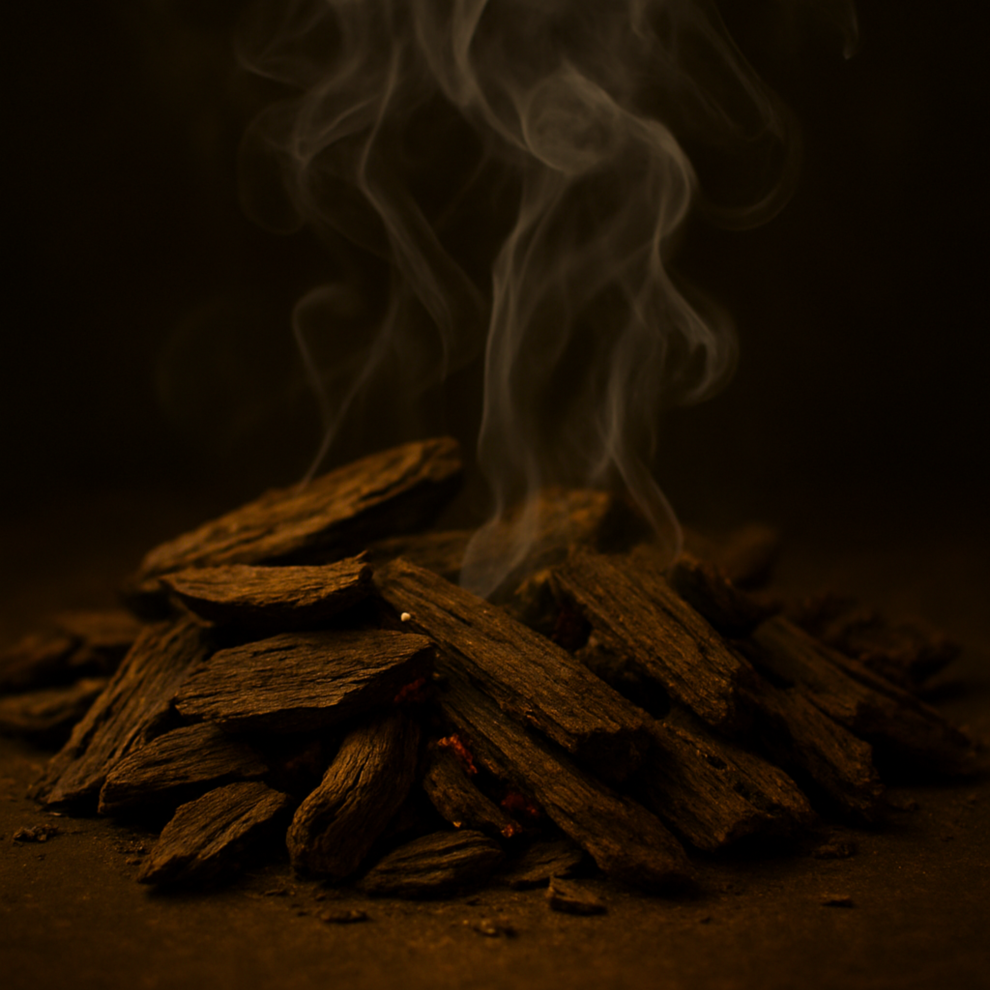 Aromatic oud wood chips slowly burning, releasing fragrant smoke in a dark setting