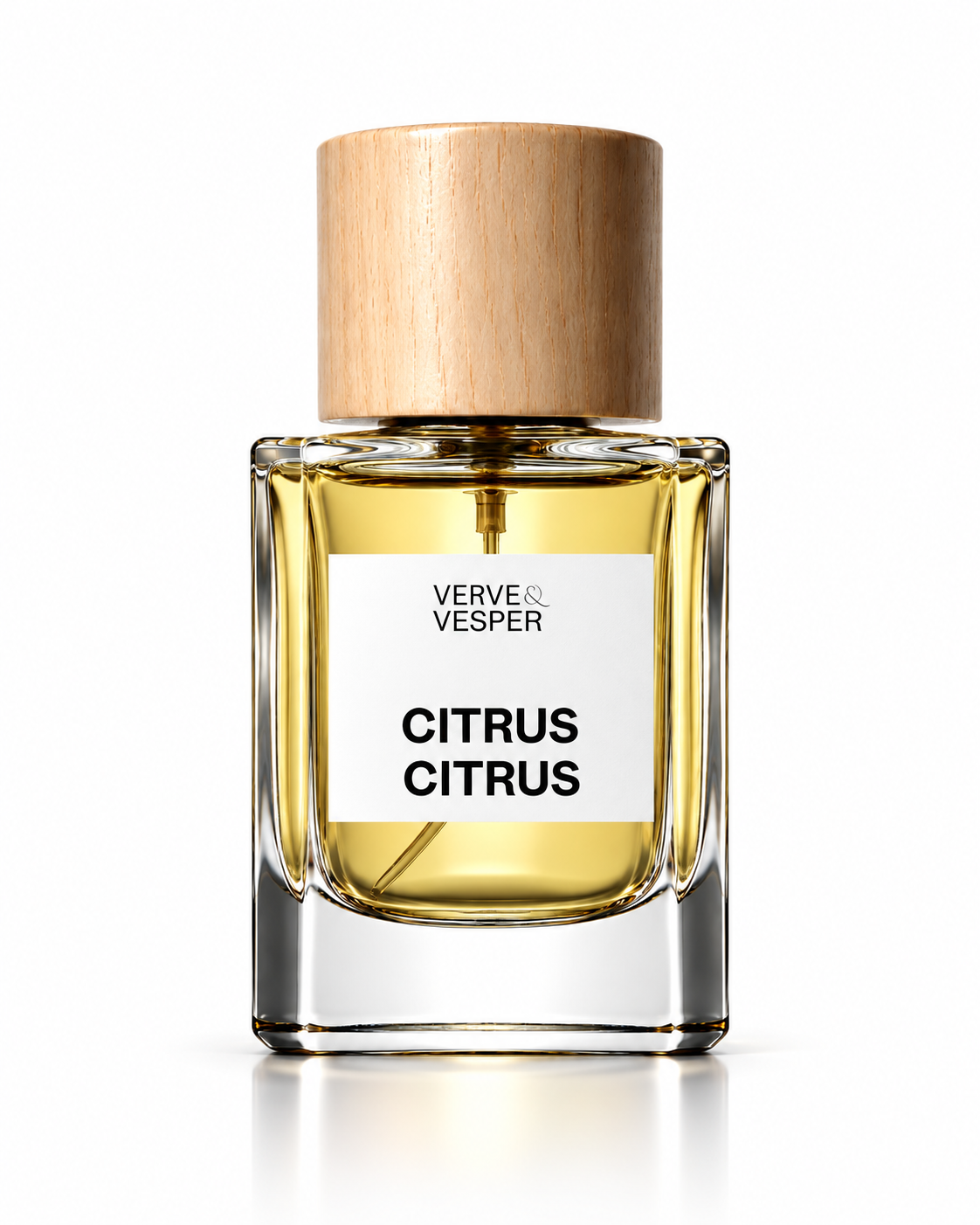 Verve & Vesper Citrus Citrus extrait de parfum: square glass bottle of pale yellow juice with a wooden cap and white label