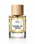 Verve & Vesper Crown of Cedar extrait de parfum: square glass bottle of pale yellow juice with a wooden cap and white label