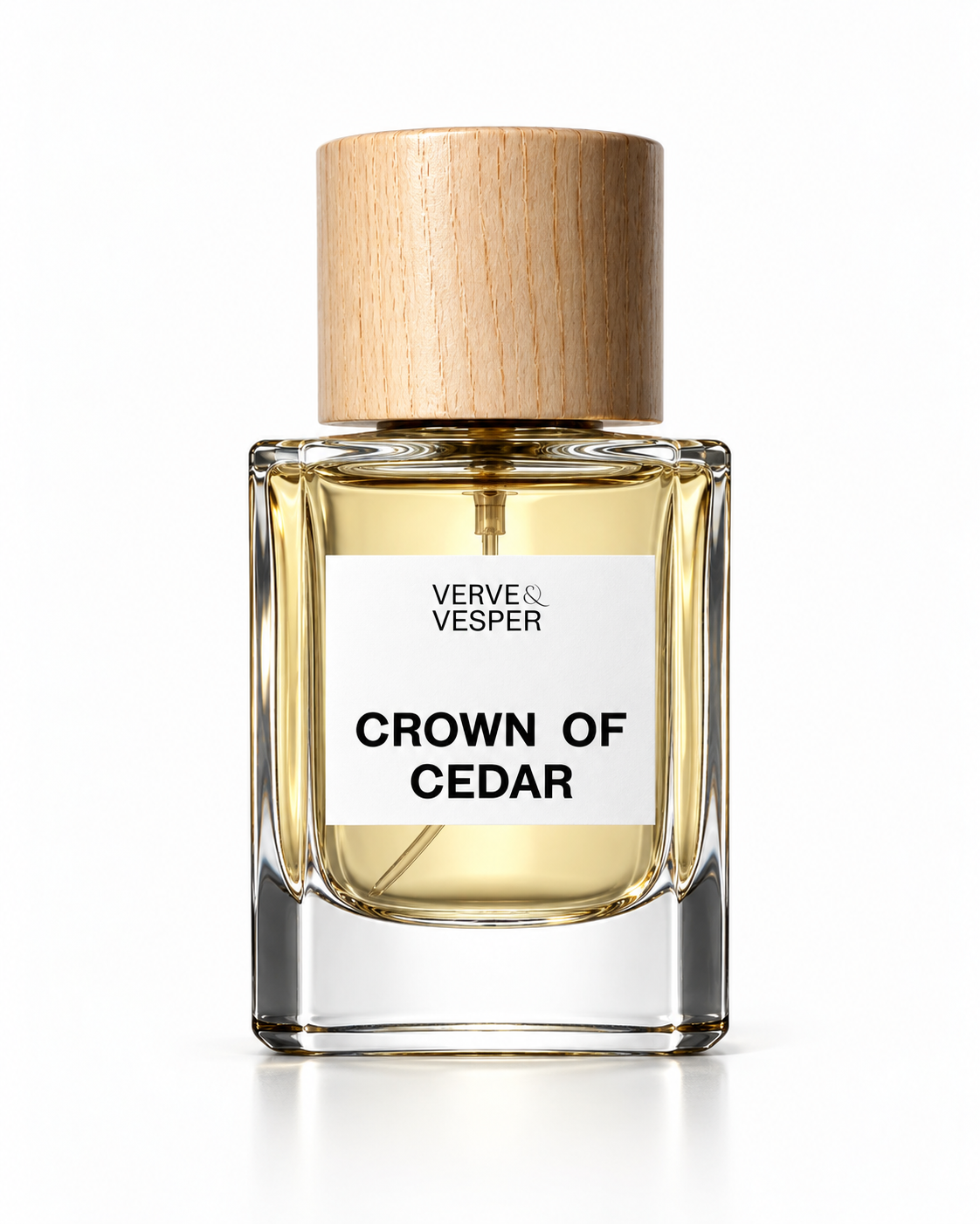 Verve & Vesper Crown of Cedar extrait de parfum: square glass bottle of pale yellow juice with a wooden cap and white label