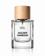 Verve & Vesper Golden Harbour extrait de parfum: square glass bottle of clear juice with a wooden cap and white label