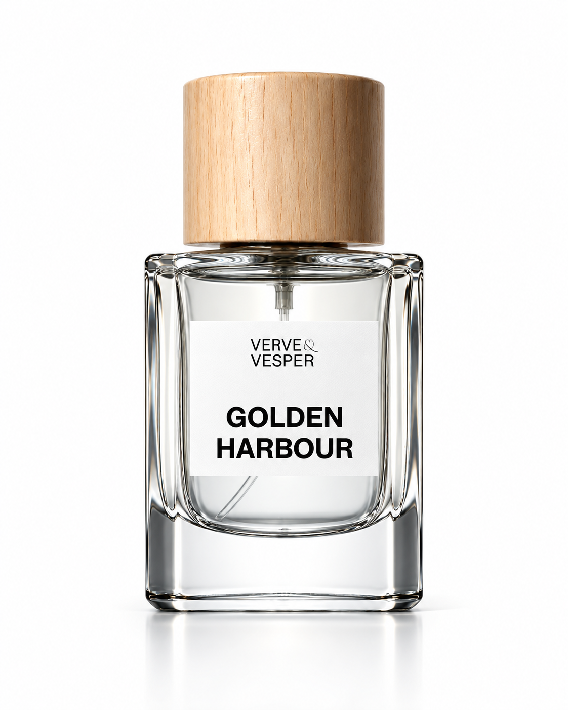 Verve & Vesper Golden Harbour extrait de parfum: square glass bottle of clear juice with a wooden cap and white label