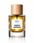 Verve & Vesper Green Horizon extrait de parfum: square glass bottle of golden juice with a wooden cap and white label