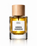 Verve & Vesper Green Horizon extrait de parfum: square glass bottle of golden juice with a wooden cap and white label
