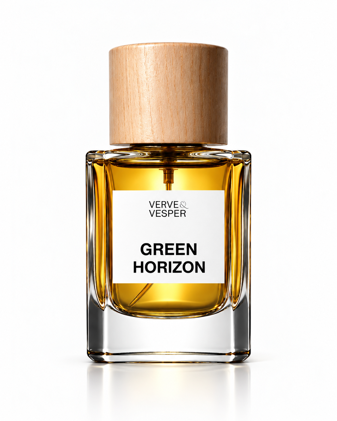 Verve & Vesper Green Horizon extrait de parfum: square glass bottle of golden juice with a wooden cap and white label