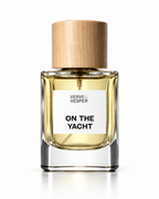 Verve & Vesper On The Yacht extrait de parfum: square glass bottle of pale yellow juice with a wooden cap and white label
