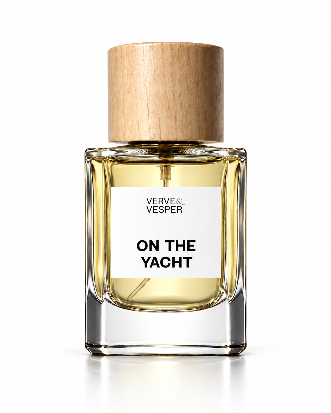 Verve & Vesper On The Yacht extrait de parfum: square glass bottle of pale yellow juice with a wooden cap and white label