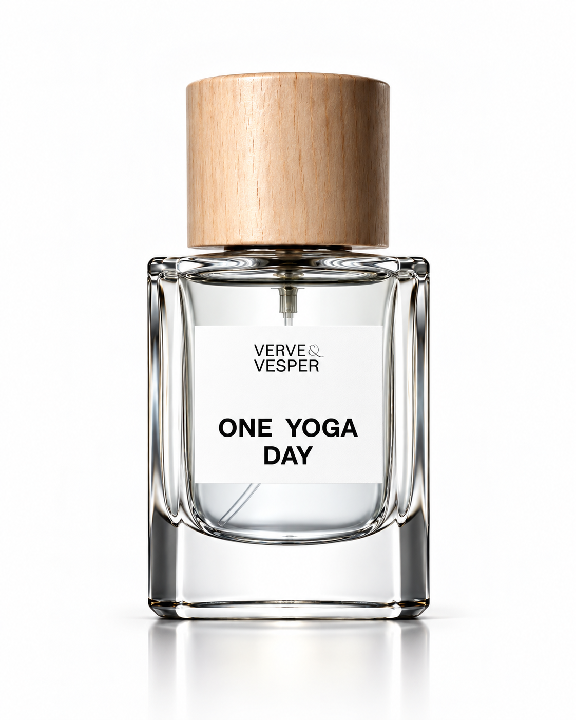Verve & Vesper One Yoga Day extrait de parfum: square glass bottle of clear juice with a wooden cap and white label