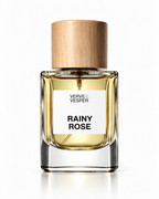 Verve & Vesper Rainy Rose extrait de parfum: square glass bottle of pale yellow juice with a wooden cap and white label