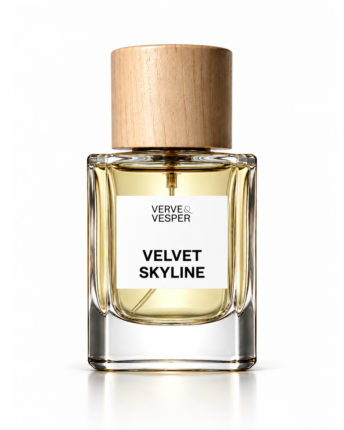 Verve & Vesper Velvet Skyline extrait de parfum: square glass bottle of pale yellow juice with a wooden cap and white label