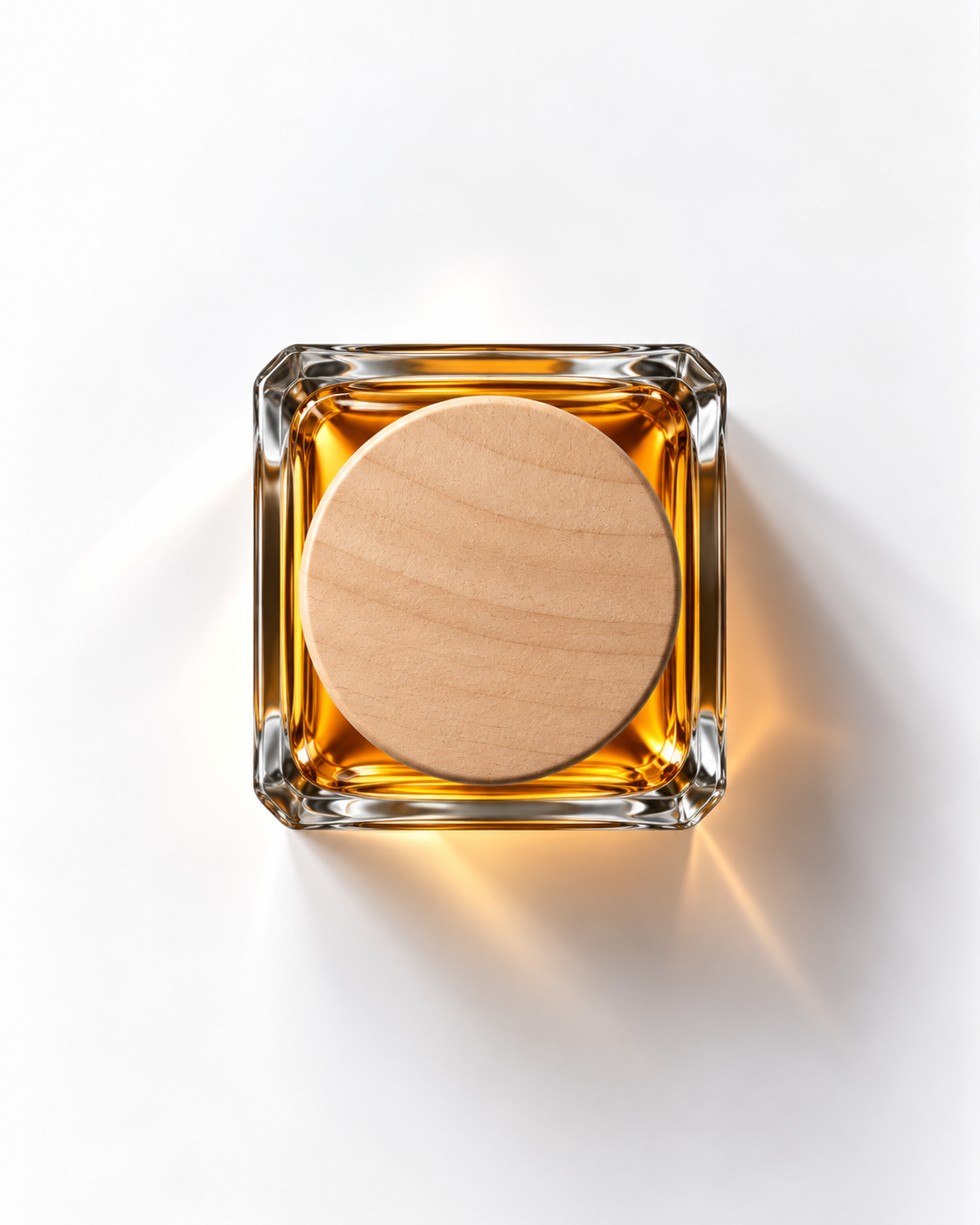Vetiver Distillé extrait de parfum from above: amber juice in a square glass bottle with a round wooden cap