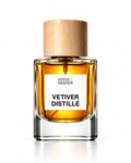 Verve & Vesper Vetiver Distillé extrait de parfum: square glass bottle of amber juice with a wooden cap and white label