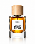 Verve & Vesper Vetiver Distillé extrait de parfum: square glass bottle of amber juice with a wooden cap and white label