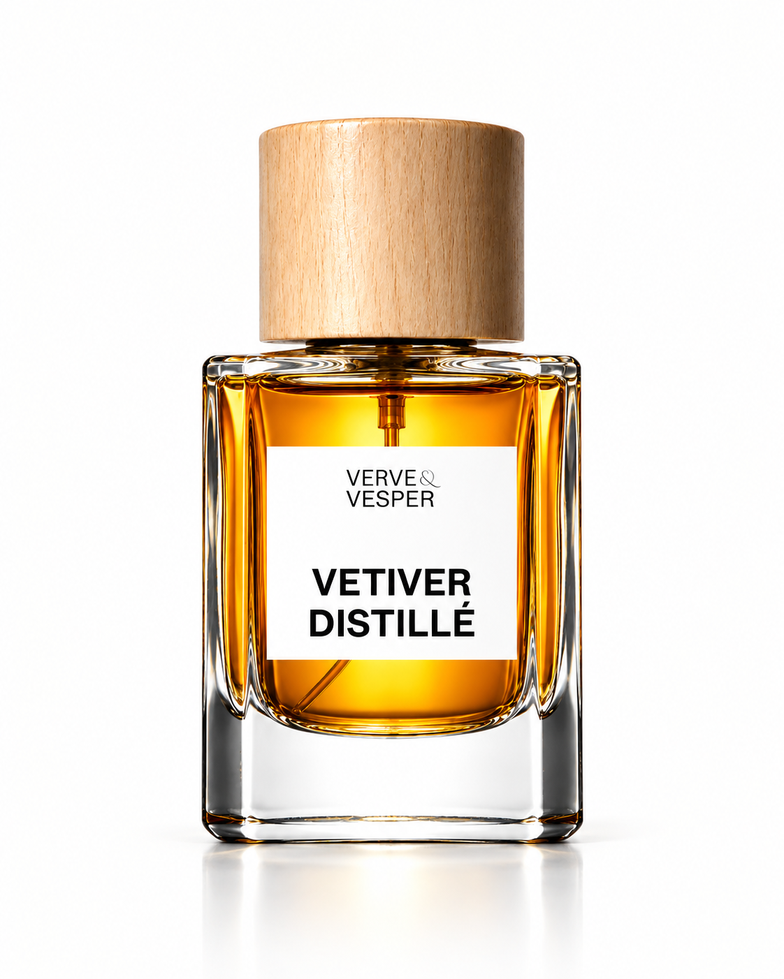 Verve & Vesper Vetiver Distillé extrait de parfum: square glass bottle of amber juice with a wooden cap and white label