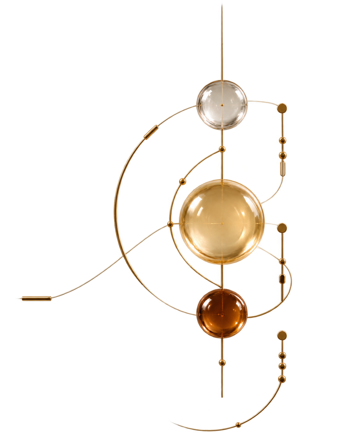 A glass sphere for each register of the scent — top, heart and base — held on brass rings.